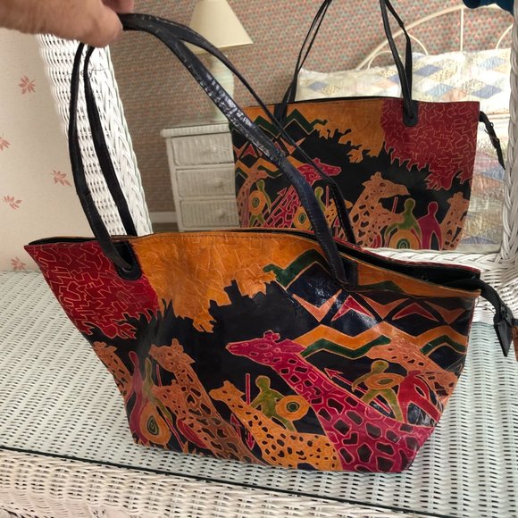 ITALIAN  LEATHER  JUNGLE SAFARI SCENE HANDLED  LINEN LINED ZIPPER  LARGE PURSE - Picture 3 of 15